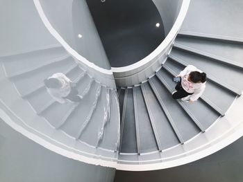 High angle view of people on steps