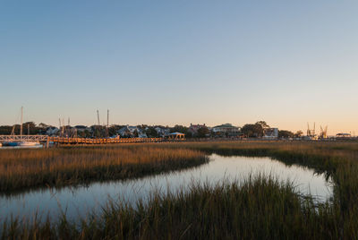 Scenic view of lake against clear sky during sunset