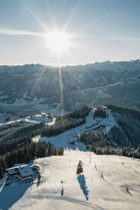 Aerial image of people skiing on piste, zell am see, austria