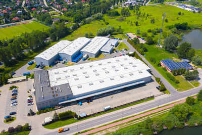 Aerial view of goods warehouse. logistics center in industrial city zone from above. aerial view