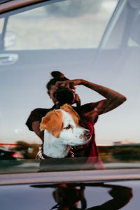 Reflection of woman photographing dog in car