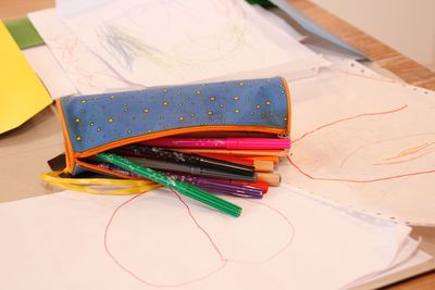 High angle view of multi colored pencils on table