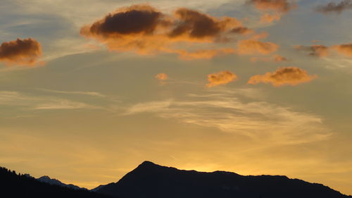 Low angle view of silhouette mountain against dramatic sky