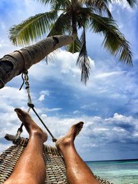 Low section of person on palm tree by sea against sky