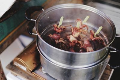 Close-up of meat in cooking pan