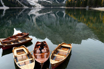 High angle view of boats moored in lake