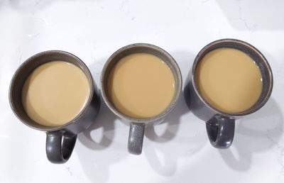 High angle view of drinks on table