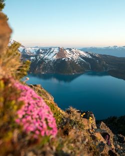 Scenic view of lake and mountains against sky