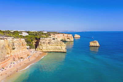 Scenic view of sea against clear blue sky