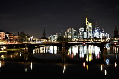 Illuminated buildings in water at night