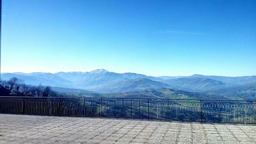 Scenic view of mountains against clear blue sky