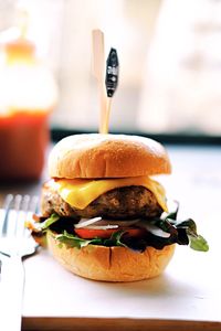 Close-up of burger on table