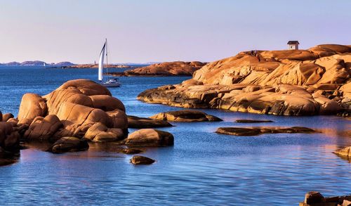 Scenic view of calm sea against clear sky