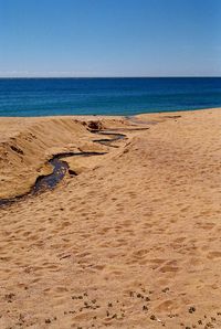 Scenic view of beach against clear blue sky