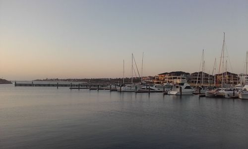 Sailboats moored in sea against clear sky