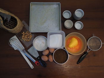 High angle view of breakfast on table