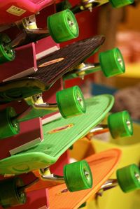 Close-up of skateboards in store for sale