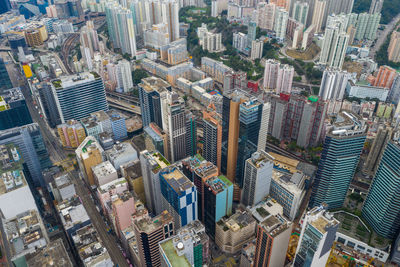 High angle view of modern buildings in city