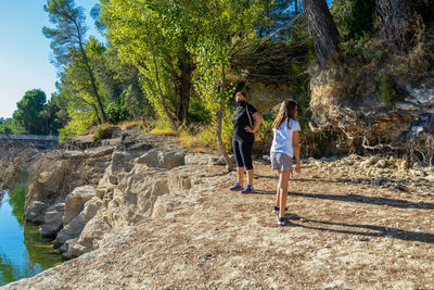 Rear view of friends walking on tree