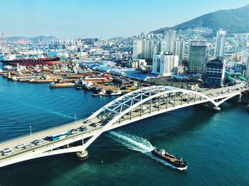 High angle view of city at waterfront