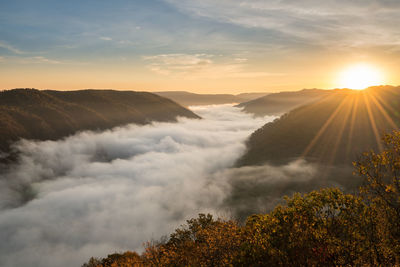 Scenic view of mountains against sky during sunset