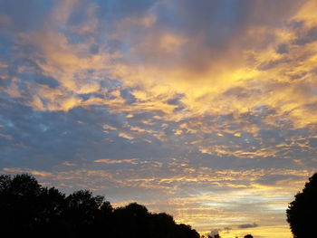 Low angle view of silhouette trees against dramatic sky