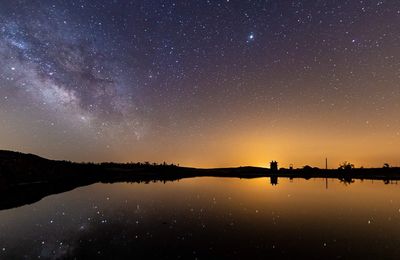 Scenic view of lake against sky at night