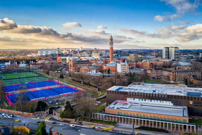 High angle view of buildings in city