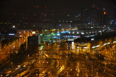 High angle view of illuminated buildings at night