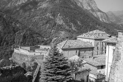 High angle view of houses and trees in village