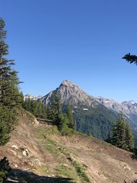 Scenic view of mountains against clear blue sky