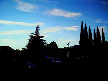 Silhouette trees against blue sky in city