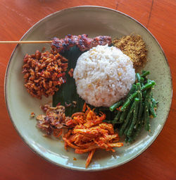High angle view of food served on table