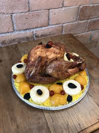 High angle view of food in plate on table