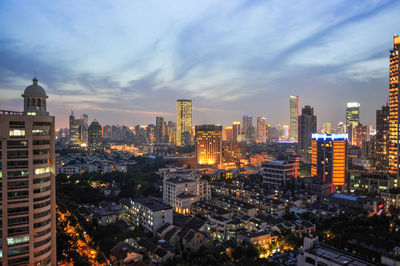 High angle view of buildings in city