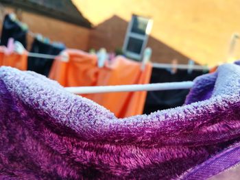 Close-up of multi colored clothes drying