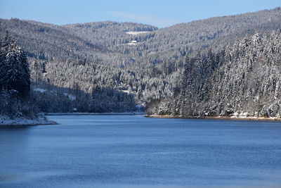 Scenic view of lake against clear sky during winter