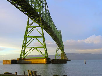 Low angle view of astoria–megler bridge over columbia river against sky