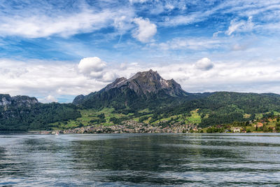 The view of mount pilatus mountain tops while on a boat cruise in lake lucerne. taken in luzern