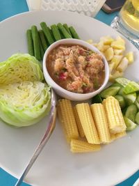 High angle view of meal served on table