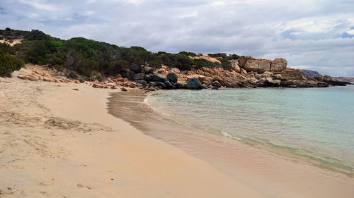 Scenic view of beach and sea against cloudy sky