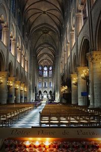 Interior of illuminated cathedral against building