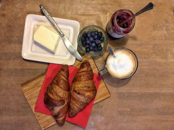 High angle view of breakfast on table