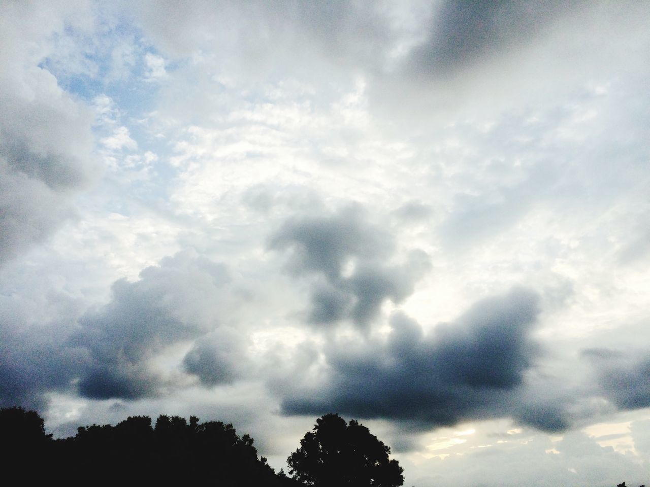 sky, low angle view, cloud - sky, silhouette, cloudy, tree, tranquility, beauty in nature, scenics, tranquil scene, nature, cloud, cloudscape, weather, idyllic, overcast, outdoors, high section, no people, day