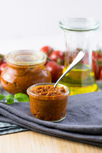 Close-up of drink in jar on table