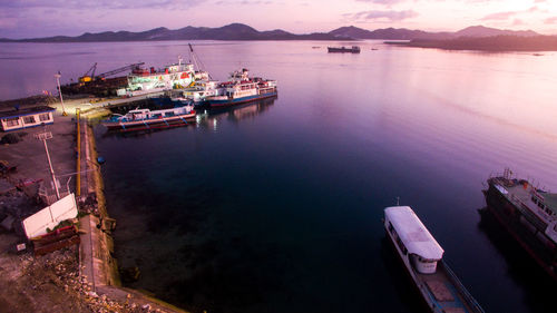 High angle view of ship moored at harbor