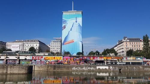 Flag in city against clear sky