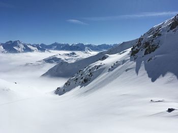Scenic view of snow covered mountains against sky