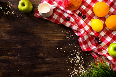 High angle view of flat lay fruits decoration on the table