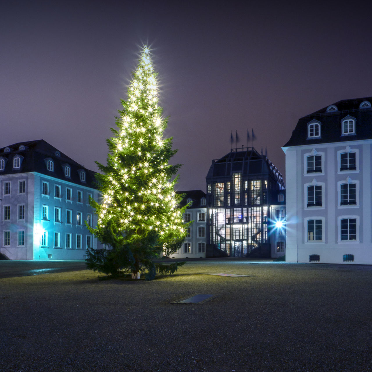 ILLUMINATED CHRISTMAS TREE BY BUILDING AGAINST SKY